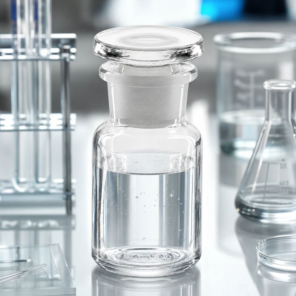 Fiaschetta da laboratorio a collo largo da 50 ml in vetro trasparente con tappo in vetro su un piano di lavoro da laboratorio bianco