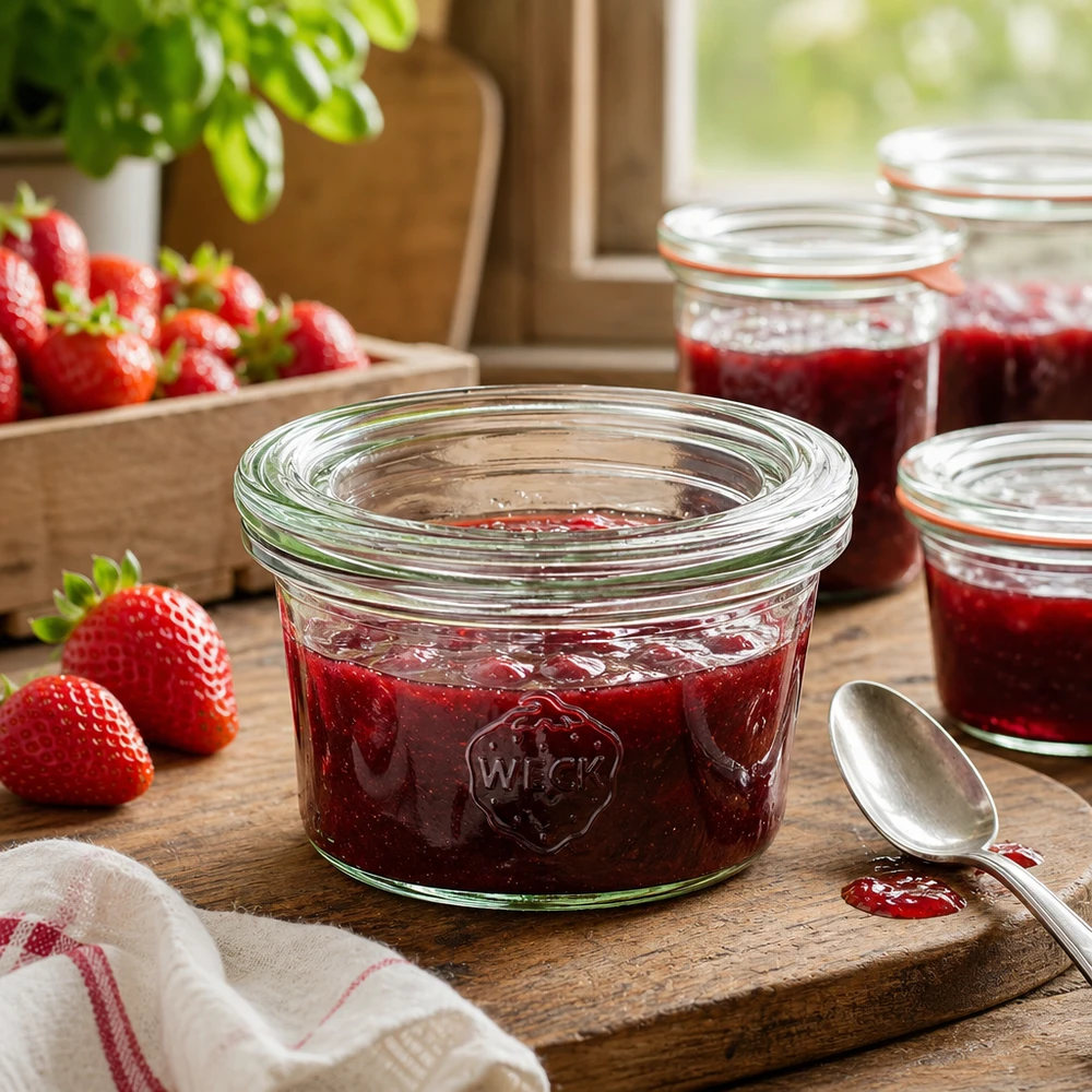 Bicchieri WECK da 50 ml riempiti di marmellata di fragole su una tavola di legno accanto a fragole fresche in una cucina rustica