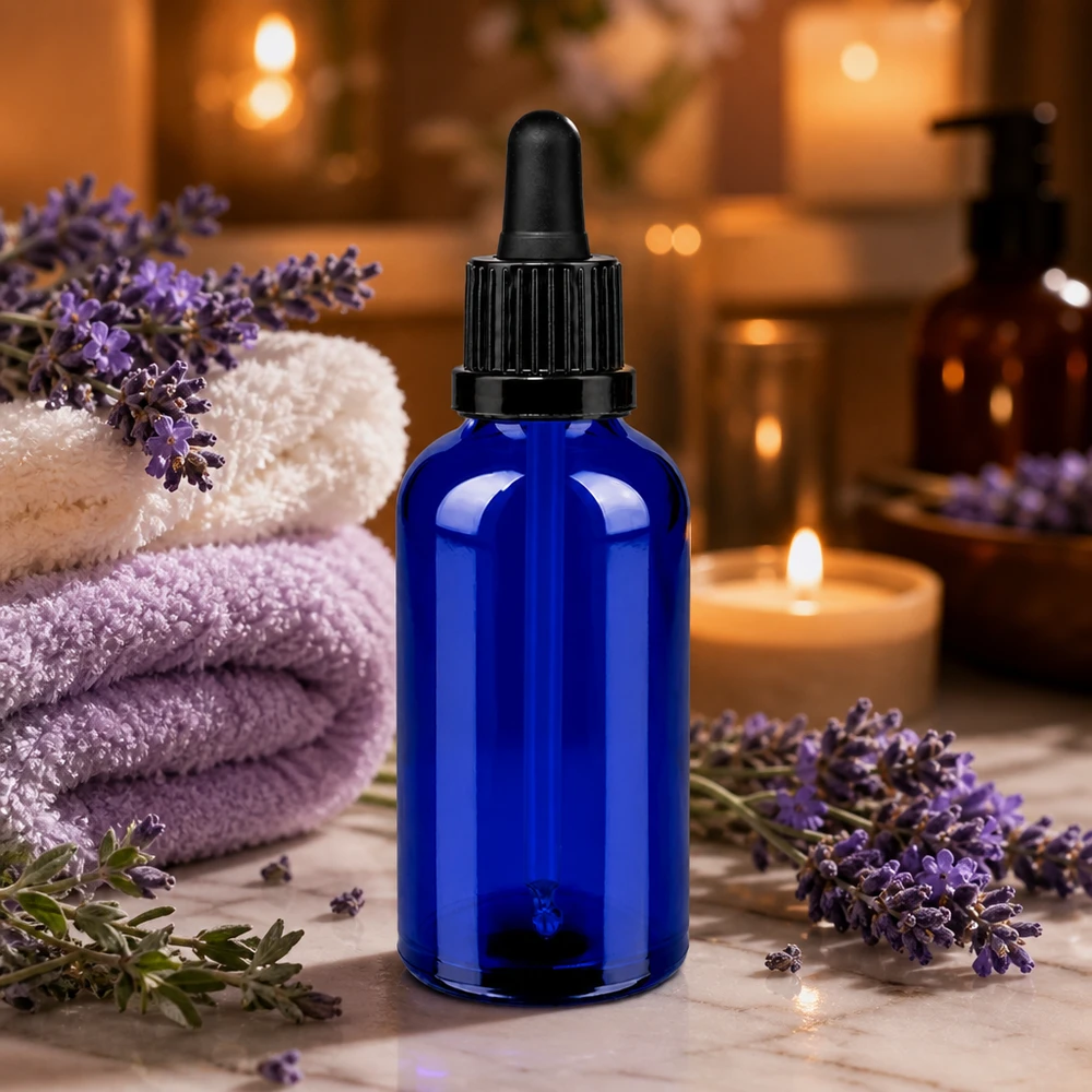 Flacone per pipette da 50ml nero OV BlueLine UT18/50 Flacone compatto in vetro da 50 ml con pipetta - ideale per cosmetici fai da te e miscele di oli essenziali