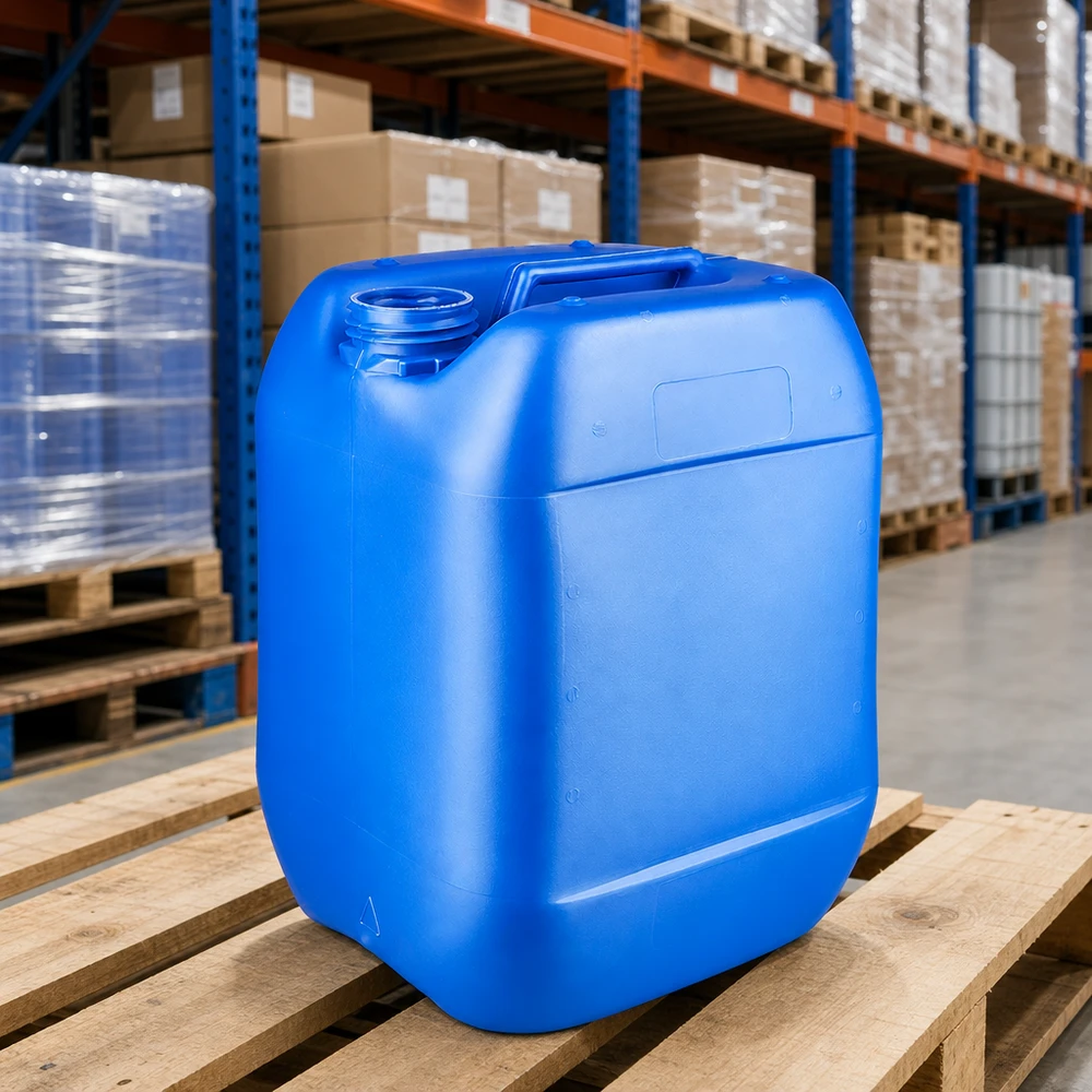 Tanica 10 litri blu senza tappo Tanica blu da 10 litri senza tappo su pallet di legno nel magazzino