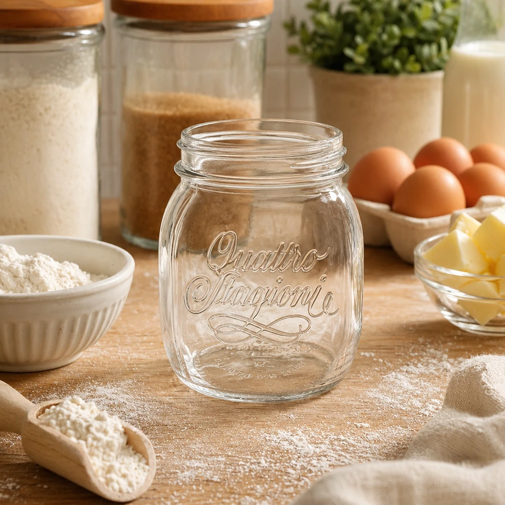 Bicchiere da 700ml Quattro Stagioni vuoto su un tavolo di legno circondato da ingredienti da forno, farina, uova e burro in cucina