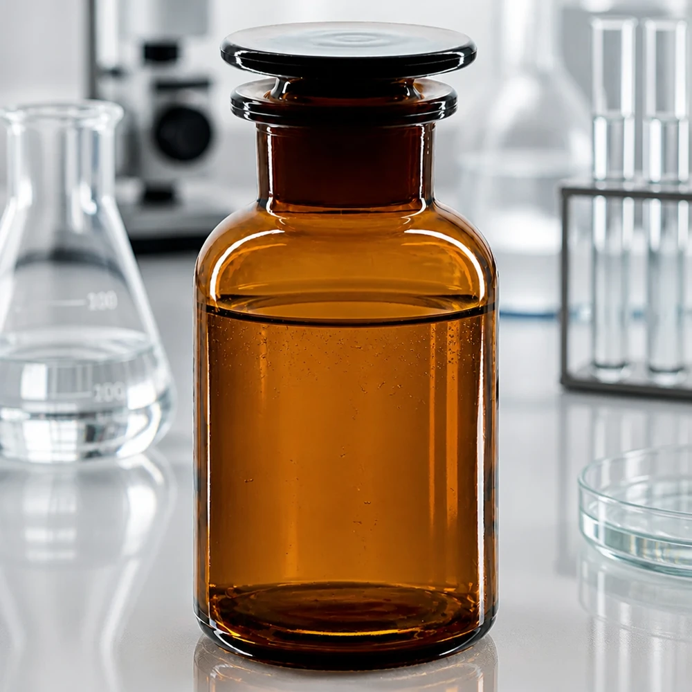 Bottiglia a spalla tonda 250ml marrone collo largo tappo in vetro Foto di laboratorio: bottiglia marrone a collo largo da 250 ml con tappo di vetro, circondata da matracci di Erlenmeyer e provette