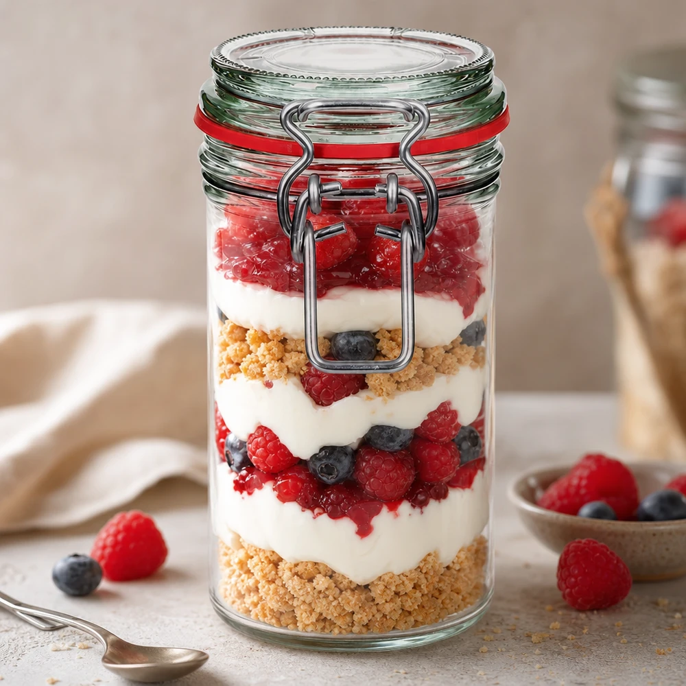 Barattolo da 272 ml, tipo G, con chiusura a clip UN.. Vasetto da 272 ml con tappo girevole, riempito con un dessert a strati di frutti di bosco, yogurt e briciole di biscotti.