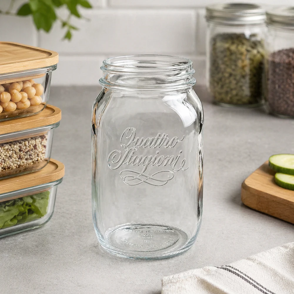Vaso domestico "Quattro Stagioni" da 1000 ml Barattolo per la casa Quattro Stagioni da 1000 ml vuoto sul bancone della cucina con barattoli di stoccaggio e tavola di legno sullo sfondo