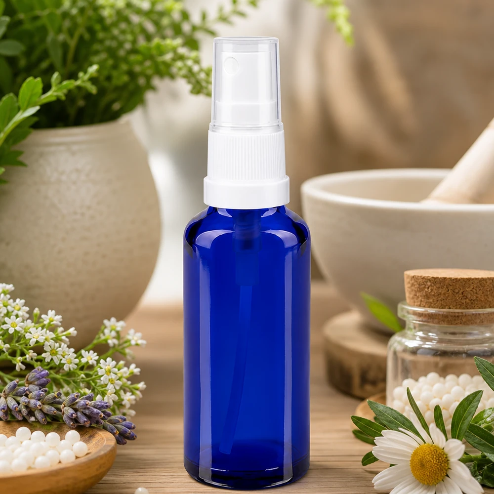 Flacone spray in vetro blu da 30 ml con erogatore a pompa bianco, circondato da lavanda, camomilla ed erbe medicinali