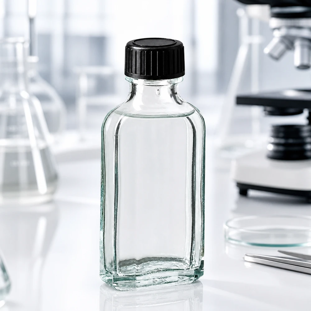 Tappo a vite trasparente Meplat da 50 ml con disco di tenuta in EPE Flacone Meplat in vetro trasparente da 50 ml con tappo in plastica nera in laboratorio