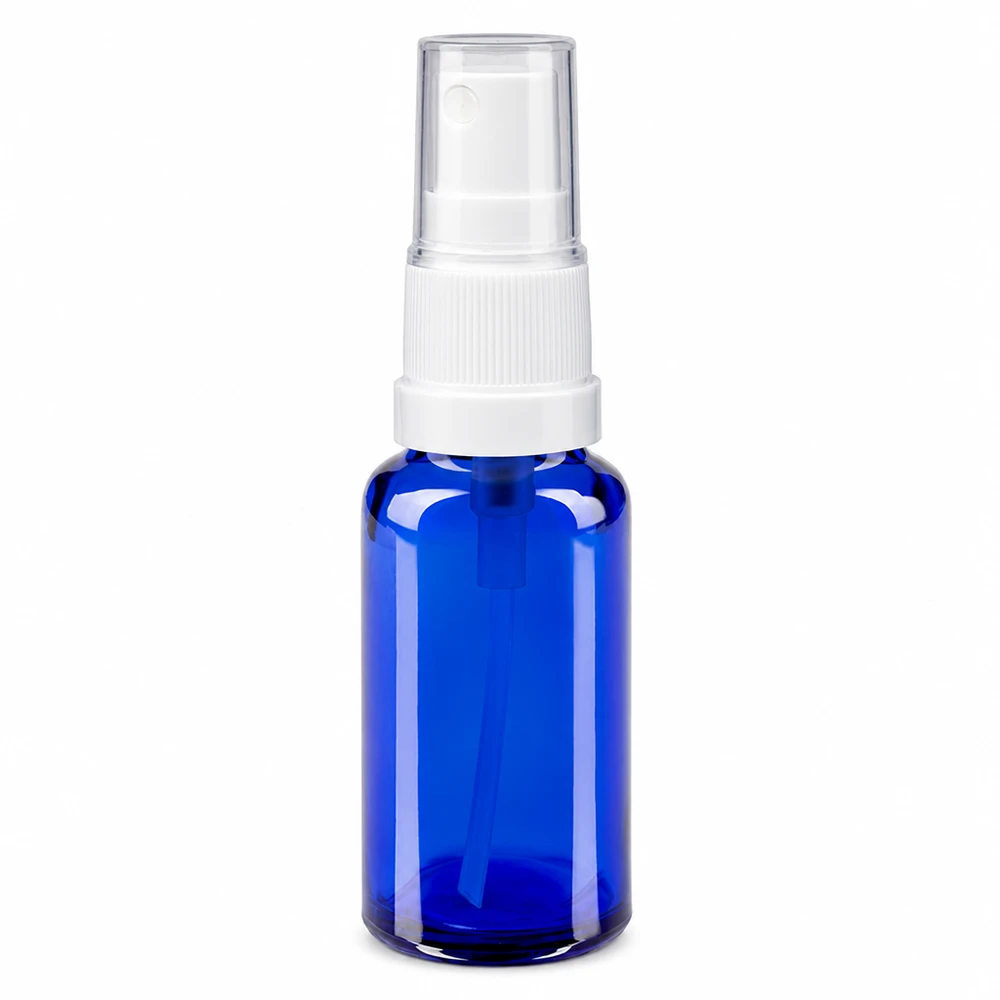 Flacone spray blu da 20ml STD bianco/trasp. apoGlas Flacone spray in vetro blu da 20 ml con erogatore a pompa bianco e tappo protettivo trasparente ApoGlas