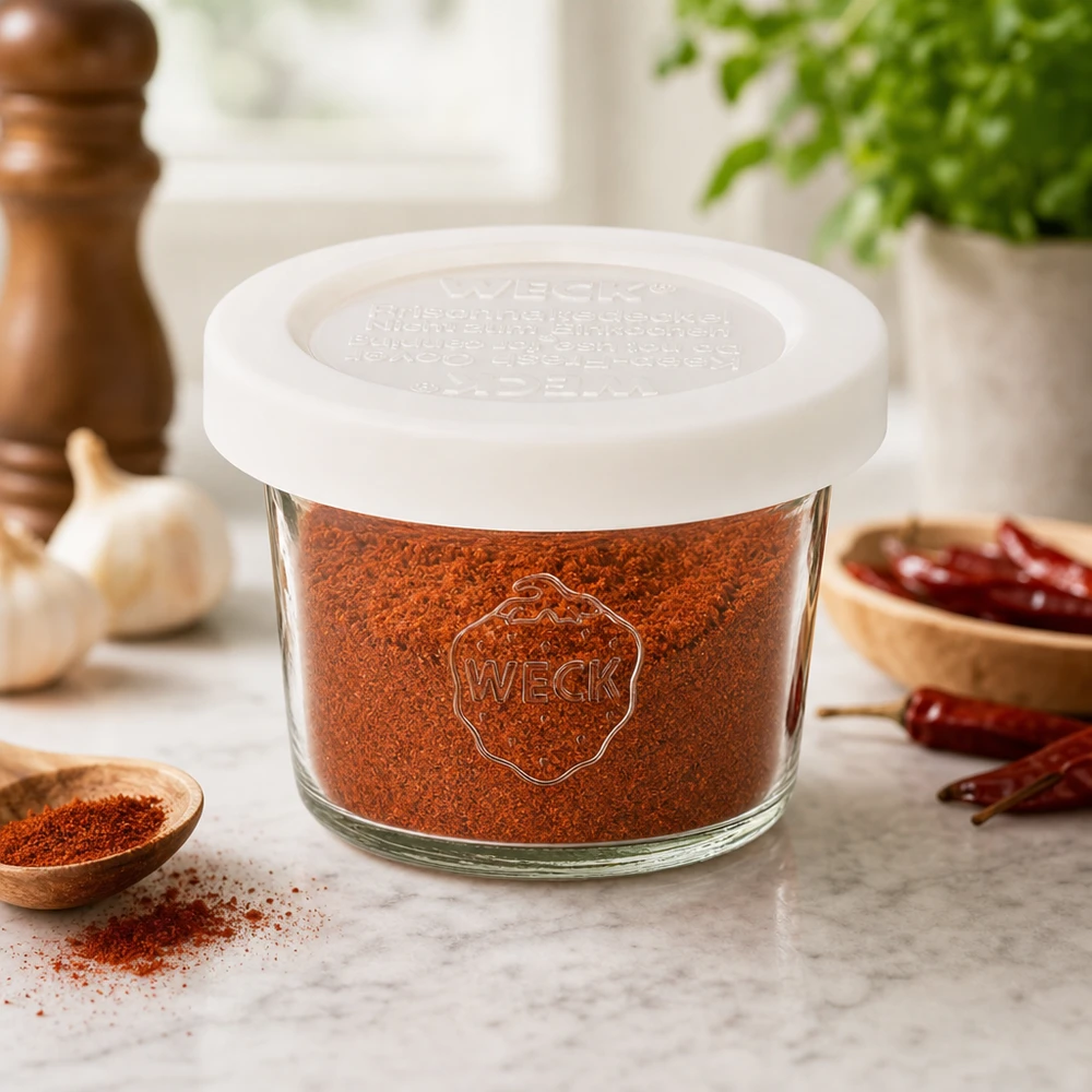 Bicchieri da 35 ml con coperchio salvafreschezza WECK RR40 WECK barattolo di vetro 35ml RR40 riempito con paprika in polvere in ambiente cucina con spezie e aglio, conservazione delle spezie