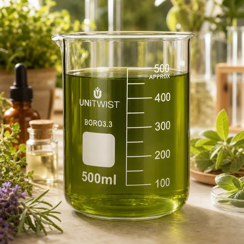 Bicchiere UNiTWIST da 500 ml in vetro borosilicato, di forma bassa, riempito con un liquido verde a base di erbe