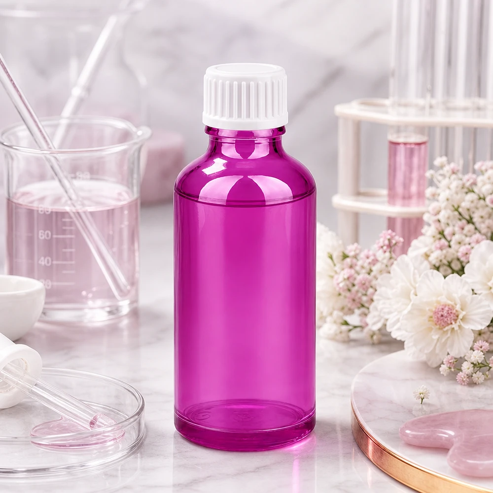 Flacone da 50 ml (globuli) con anello versatore da 3 mm bianco Standard PurpleLine. UT18/50 Elegante flacone in vetro di design da 50 ml in colore viola per prodotti di bellezza e oli per il benessere di alta qualità