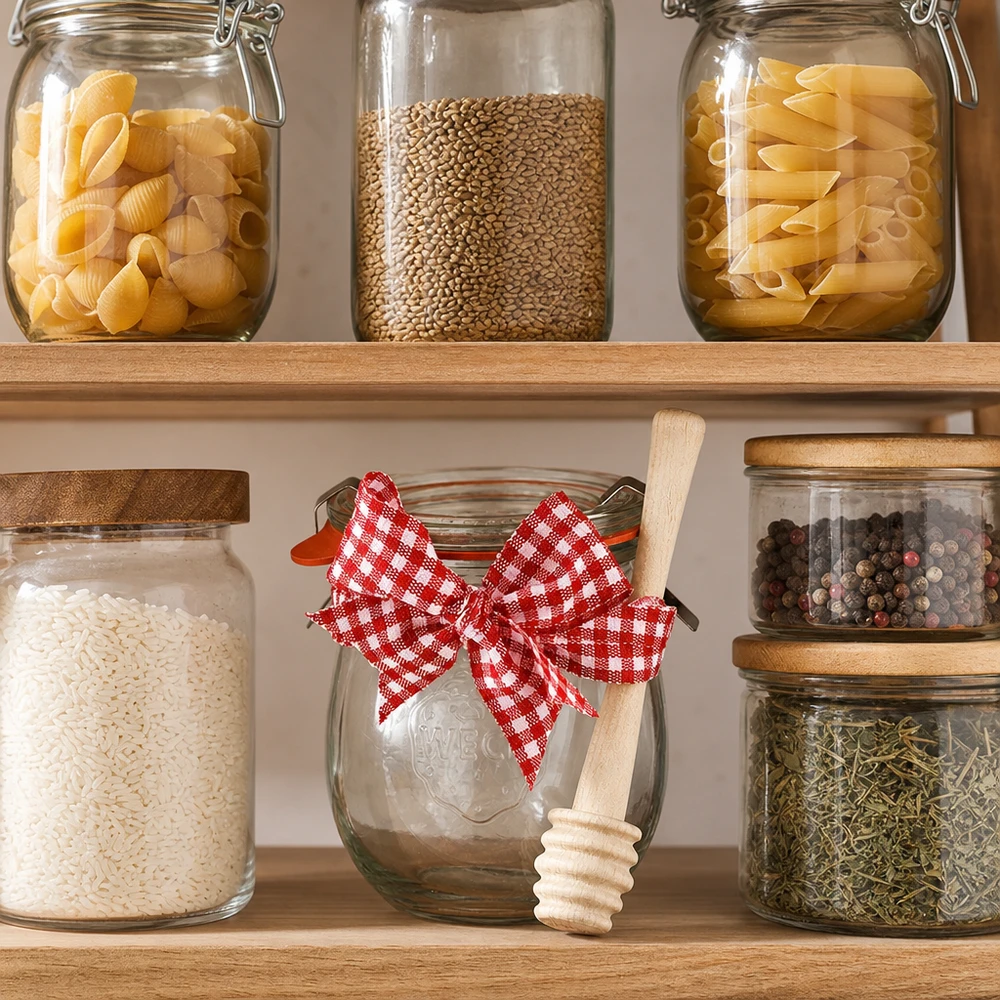 Armadio con vasetti WECK per pasta e spezie, mini vasetto a tulipano da 220 ml con cucchiaio da miele come decorazione per la cucina