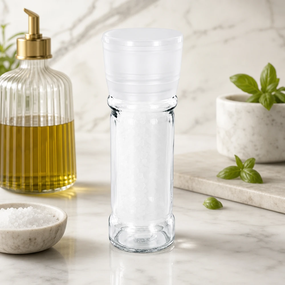 Macina sale da 100 ml in vetro trasparente con tappo in plastica bianca su piano di lavoro in marmo bianco