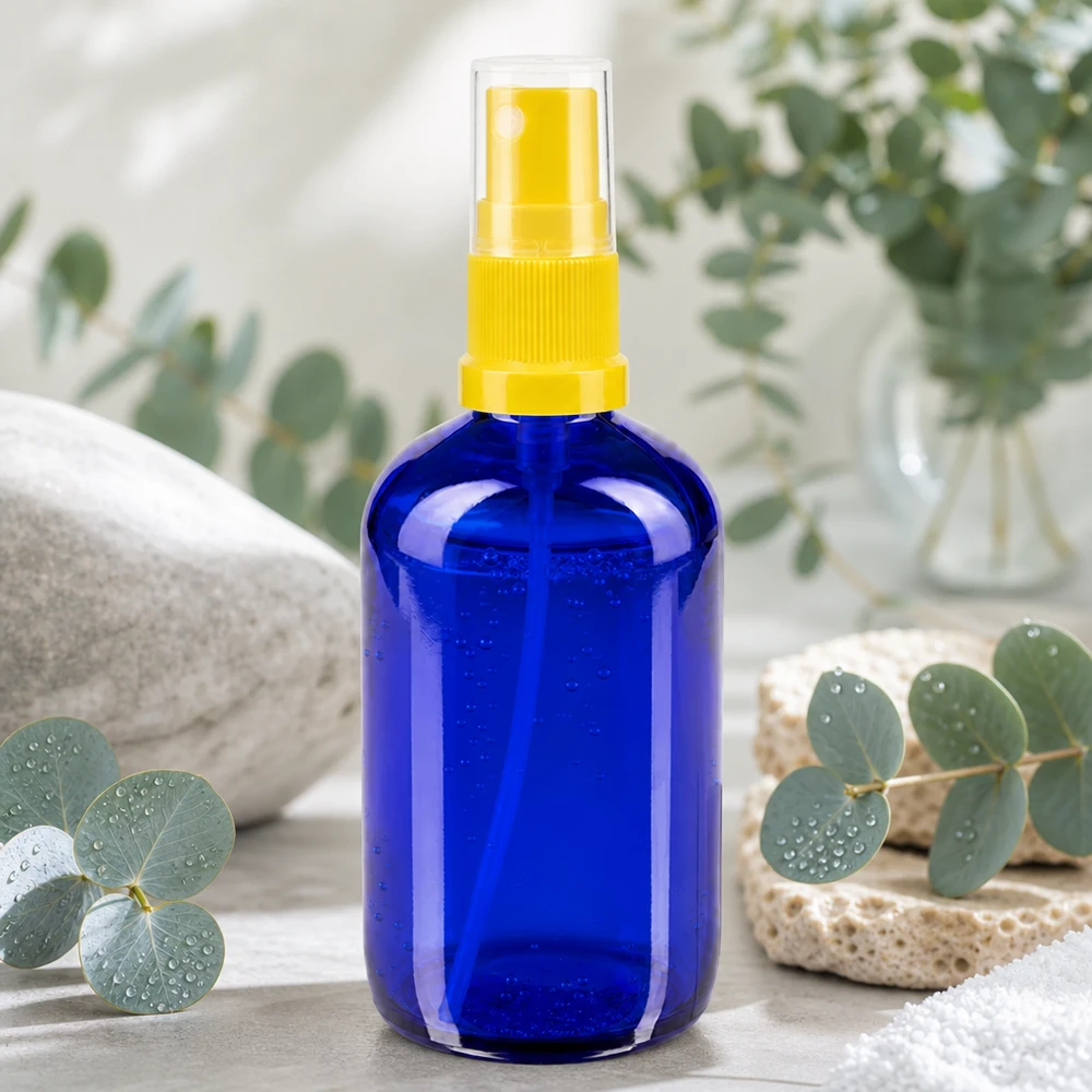 Flacone da 100 ml blu con attacco a spruzzo giallo/trasparente apoGlas Flacone di vetro blu da 100 ml con erogatore a spruzzo giallo, circondato da ramoscelli di eucalipto e pietre naturali