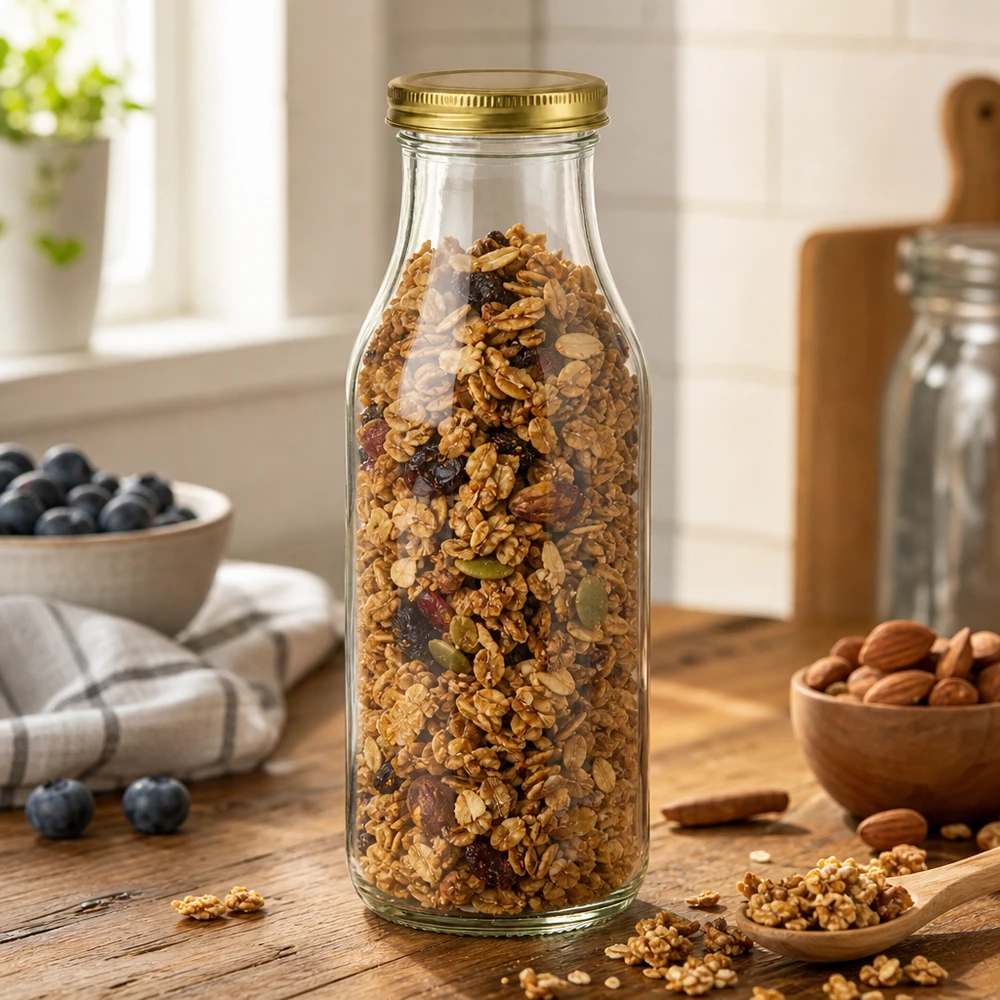 UNiTWIST Bottiglia263 con oro. Coperchio TO43 BioSeal La bottiglia UNiTWIST263 riempita di muesli mostra il coperchio dorato TO43 BioSeal in un ambiente rustico di cucina con noci