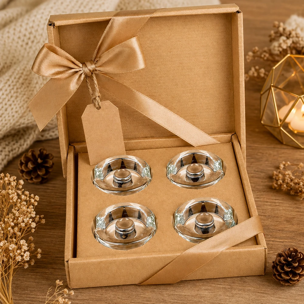 Pesi in vetro per fermentazione con manico set di 4 UNiTWIST Set di 4 pesi per vasetti di fermentazione UNiTWIST in confezione regalo aperta con nastro dorato e decorazione autunnale
