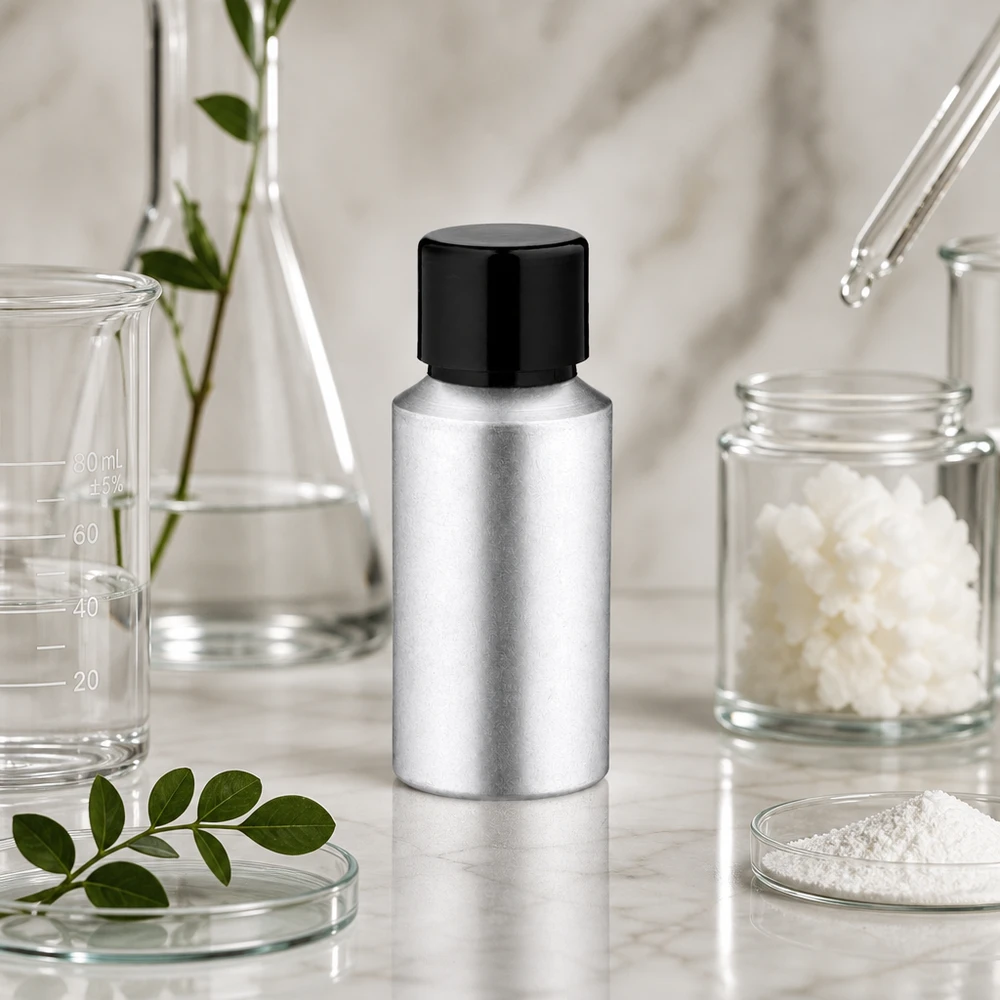 Bottiglia compatta in metallo da 30 ml con tappo nero, perfetta per medicinali e farmacia