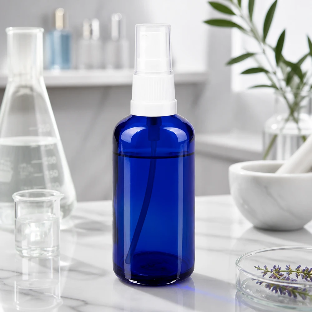 Flacone spray blu da 50ml STD bianco/trasparente apoGlas Flacone spray da 50 ml con spalle arrotondate, in vetro da farmacia blu, con erogatore bianco