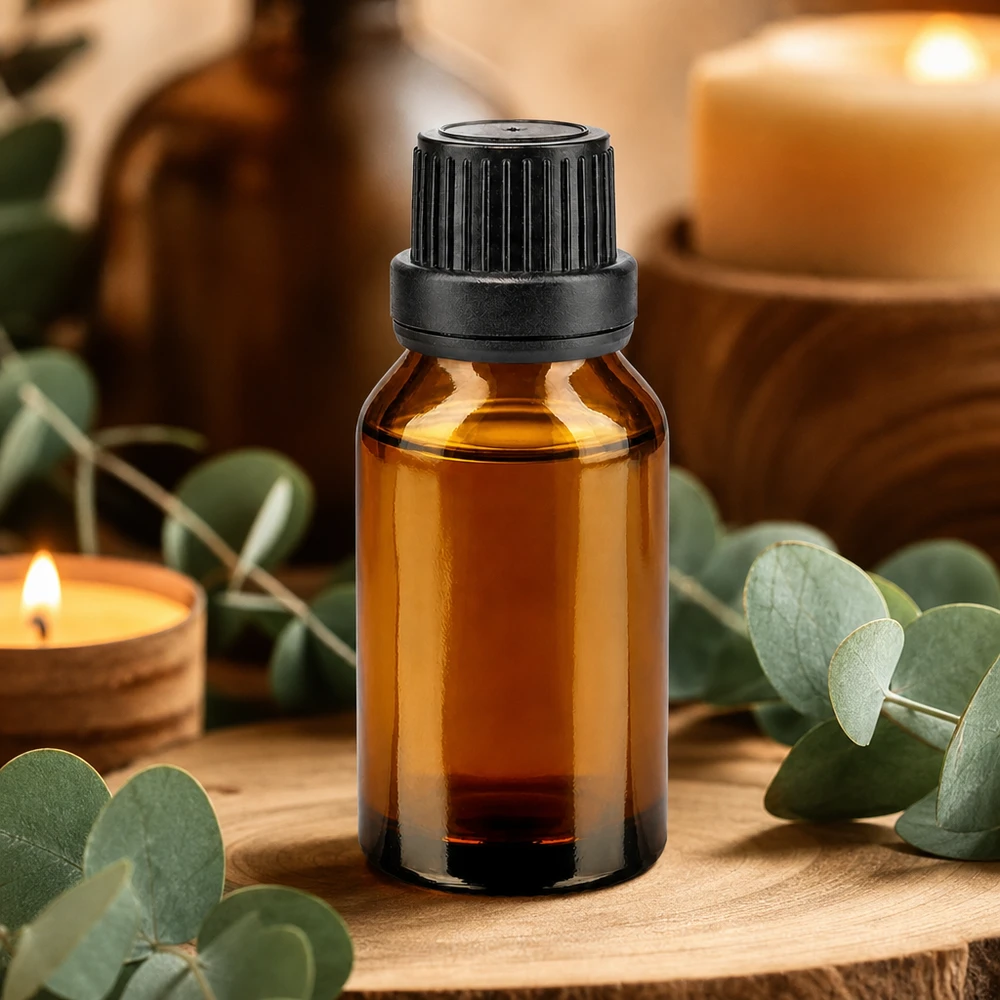 Bottiglia di vetro marrone da 30 ml con tappo contagocce nero su base di legno con eucalipto