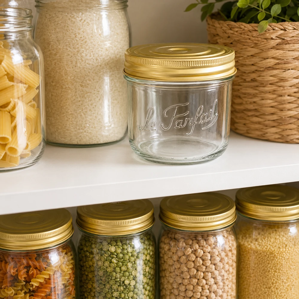 Bicchieri Familia Wiss da 415 ml con coperchio a vite dorato Le Parfait per la conservazione degli alimenti in cucina