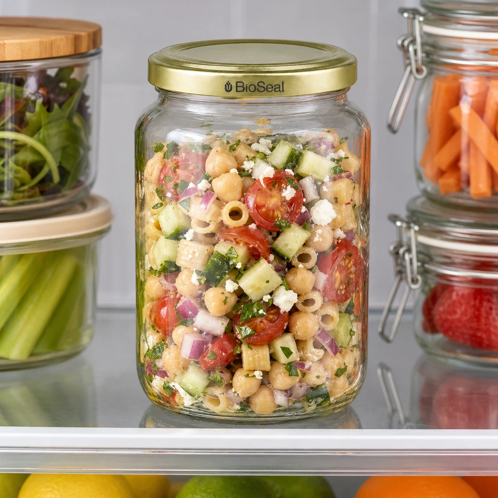 Vasetto per miele da 1000 g con capsula dorata BioSeal UNiTWIST Barattolo da 1000 g BioSeal con insalata di ceci e verdure colorate, ideale per la preparazione dei pasti in frigorifero.