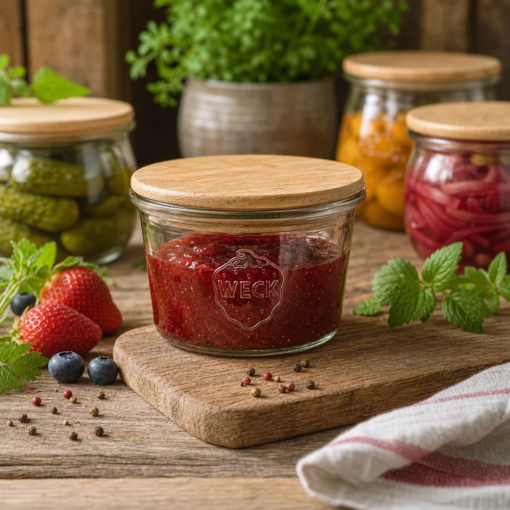 WECK mini barattolo da conserva 35ml con coperchio in legno riempito di marmellata su una tavola di legno rustica accanto a bacche fresche