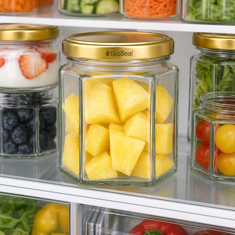UNiTWIST Hexa47 con coperchio dorato TO43 BioSeal UNiTWIST Hexa47 Glasgefäß mit Ananas-Stücken im Kühlschrank - perfekt für frische Lebensmittel-Aufbewahrung