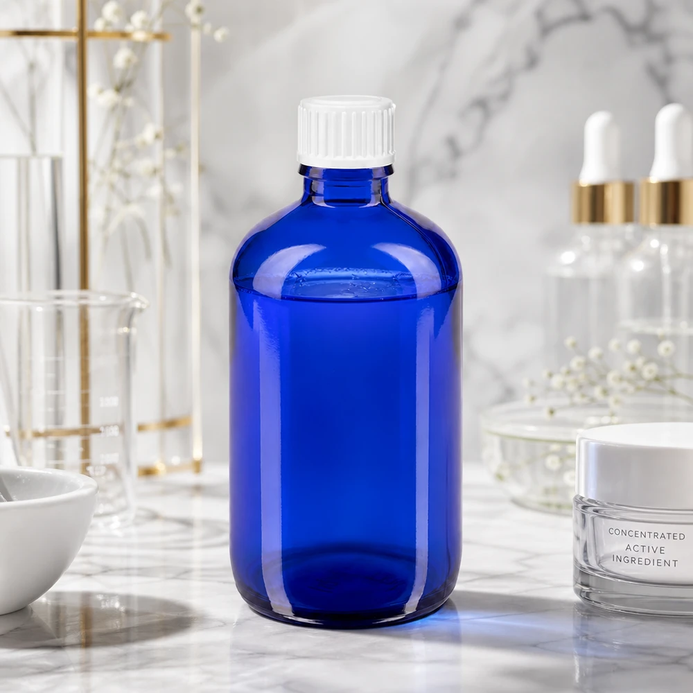 Flacone di vetro blu da 100 ml con tappo standard bianco su una superficie in marmo in laboratorio