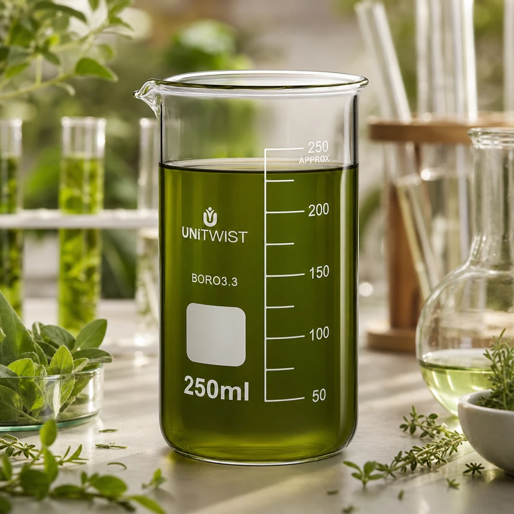 Bicchiere UNITWIST da 250 ml, forma alta, con una soluzione a base di estratti di erbe verdi circondata da erbe fresche