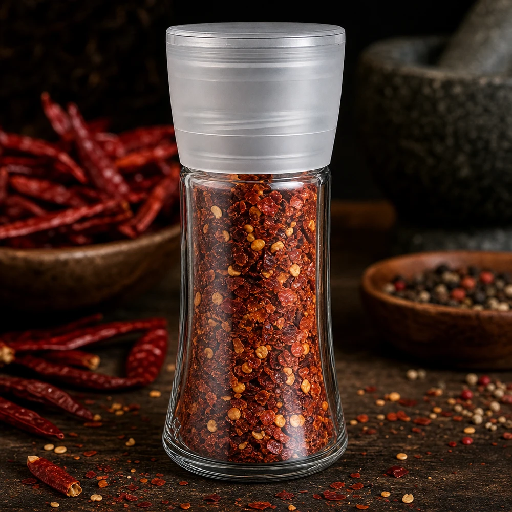 Barattolo per spezie Vario da 95 ml con macinino bianco, riempito con fiocchi di peperoncino, davanti a un mortaio e a peperoncini