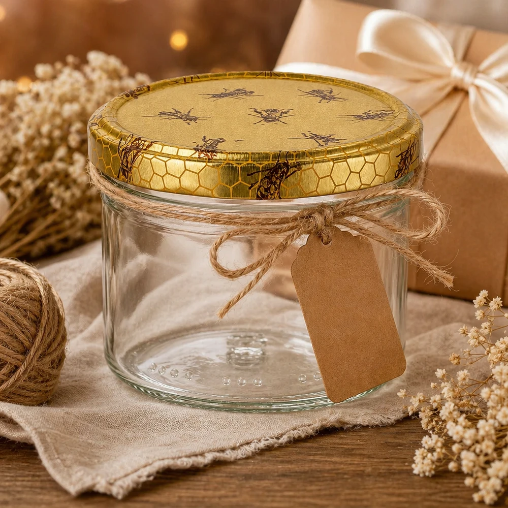 Vasetto per miele da 300 g con capsula con motivo a favo BasicSeal UNiTWIST Vasetto di miele da 300 g con coperchio decorativo a forma di ape, confezione regalo e presentazione rustica su legno