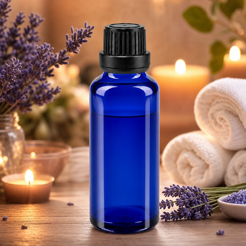Flacone contagocce blu da 30ml OV nero/2mm ApoGlas Flacone di vetro blu da 30 ml con tappo a vite nero e contagocce per oli essenziali