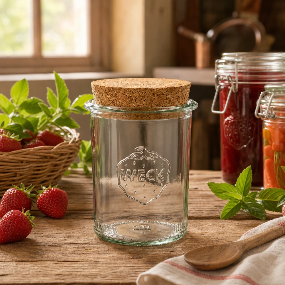 WECK RR60 vaso per conserve 160ml con coperchio in sughero in una cucina rustica accanto a fragole e barattoli di marmellata