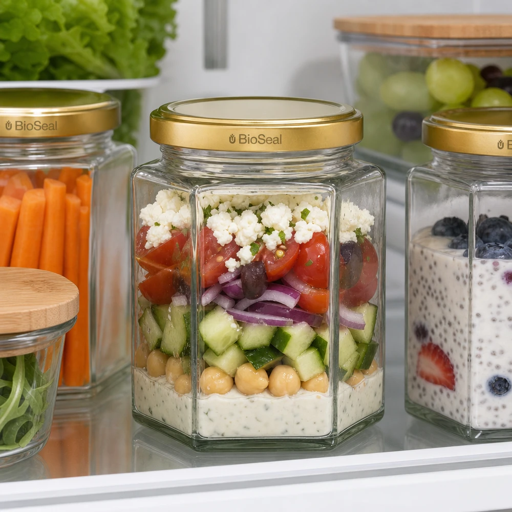UNiTWIST Hexa390 con coperchio dorato TO70 BioSeal Barattolo UNiTWIST Hexa390 Meal Prep con coperchio BioSeal per insalata a strati da conservare in frigorifero