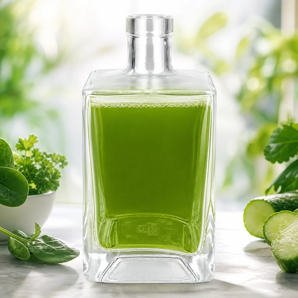 Flacone in vetro da 700 ml Ben senza tappo UNiTWIST® Bottiglia di vetro Ben 700ml riempita con succo verde circondato da erbe fresche, cetrioli e spinaci come frullato detox.