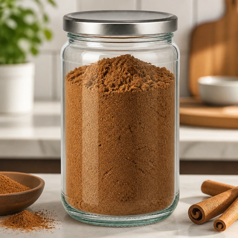 Barattolo rotondo da 305 ml con coperchio BasicSeal argento UNiTWIST. Barattolo rotondo da 305 ml riempito di cacao in polvere e coperchio BasicSeal argento in un ambiente di cucina con bastoncini di cannella