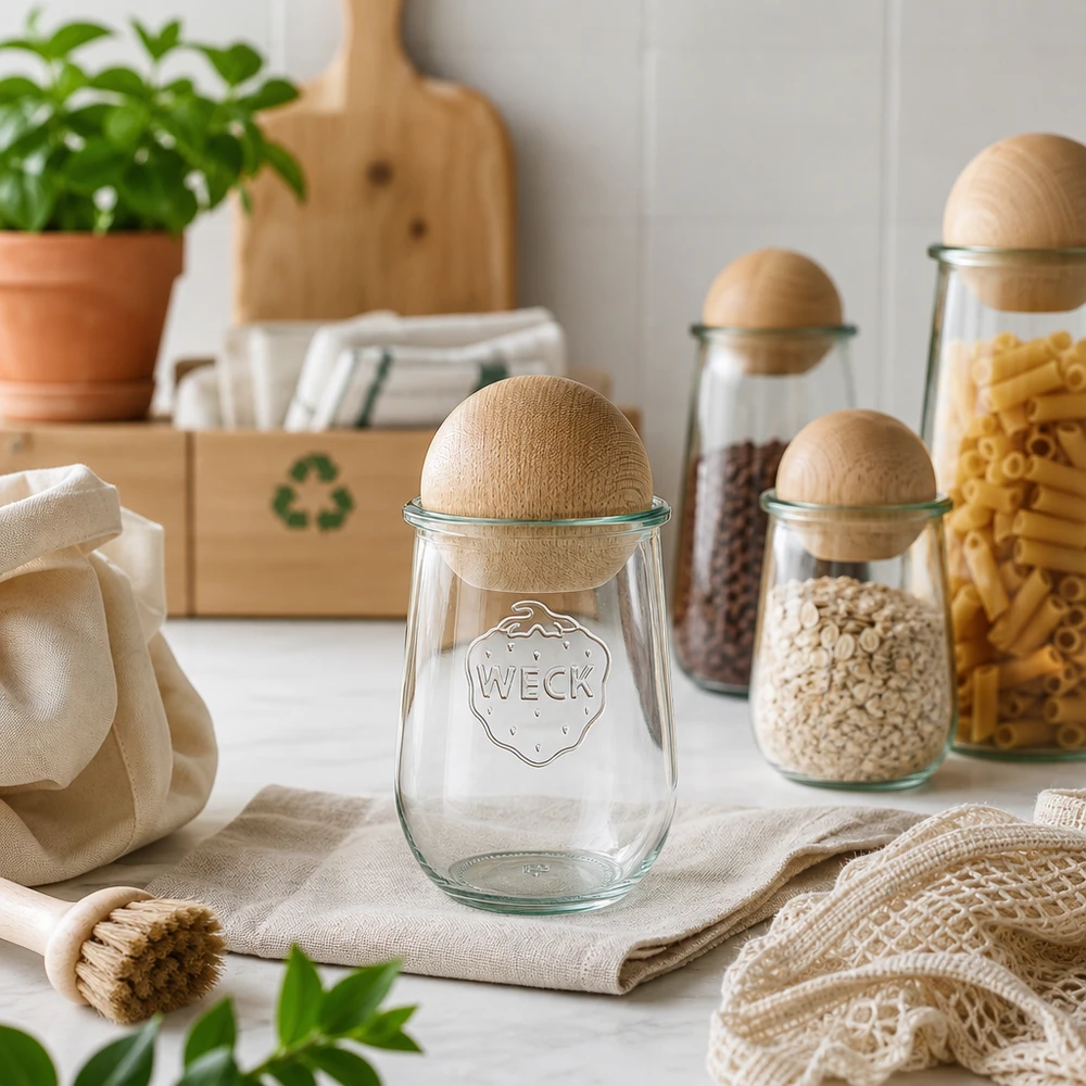 WECK vaso a tulipano 1062ml RR100 con sfera in faggio in cucina sostenibile a rifiuti zero con simbolo riciclato e materiali naturali