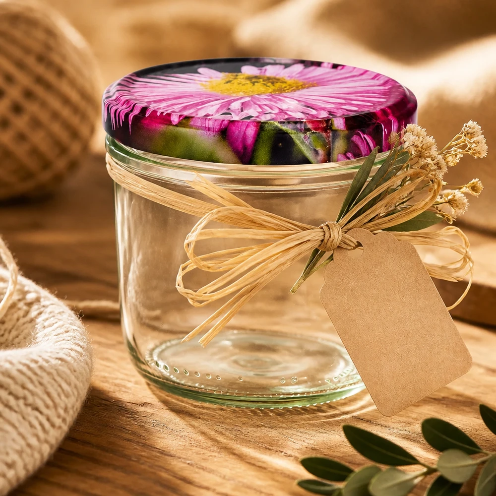 Bicchieri da 230 ml + coperchio BasicSeal design floreale UNiTWIST Confezione regalo con tumbler da 230 ml con coperchio floreale BasicSeal, fiocco in rafia e ciondolo su base in legno