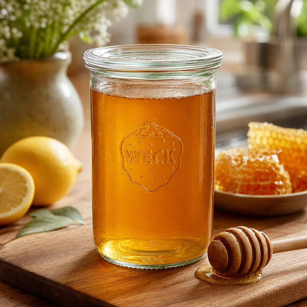 Bicchieri da 1000ml con coperchio in vetro WECK RR100 Bicchieri WECK da 1000 ml RR100 riempiti di miele accanto a favi e cucchiai da miele su una tavola di legno in una cucina calda