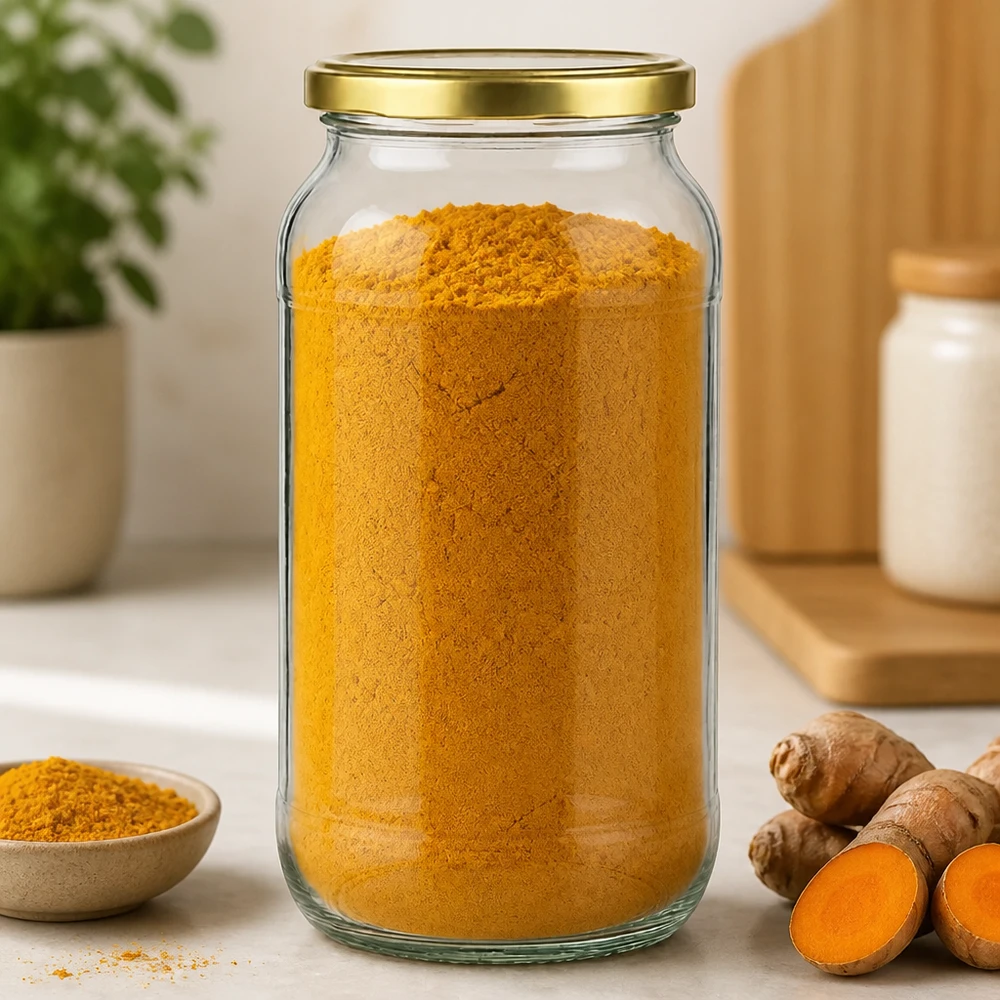 Bicchiere rotondo da 1062 ml con coperchio BasicSeal oro UNiTWIST Barattolo rotondo da 1062 ml con coperchio BasicSeal dorato pieno di curcuma in polvere accanto alla radice di curcuma fresca sul bancone della cucina