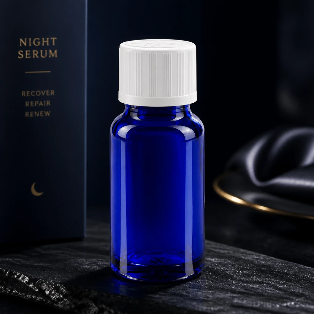Flacone da farmacia blu da 10 ml con tappo di sicurezza per bambini bianco per la confezione del siero da notte
