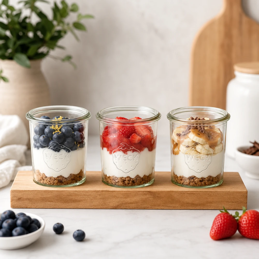 Tavola da portata Plano3 con vasetti Weck come parfait di yogurt con frutti di bosco, granola e noci in una cucina chiara