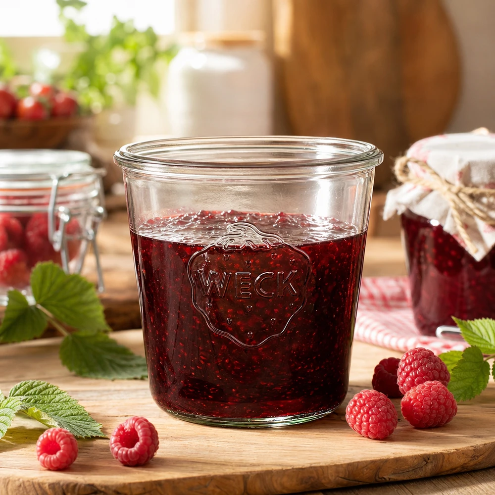 Bicchieri da 580 ml WECK RR100 Vaso WECK RR100 da 580 ml riempito di marmellata di lamponi su una tavola di legno con lamponi freschi e foglie di menta