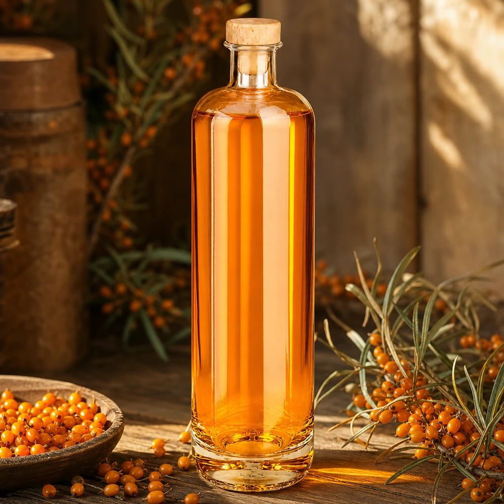 Bottiglia di vetro da 700 ml di Ella riempita con liquore all'olivello spinoso e tappo di legno tra bacche fresche di olivello spinoso su un tavolo di legno