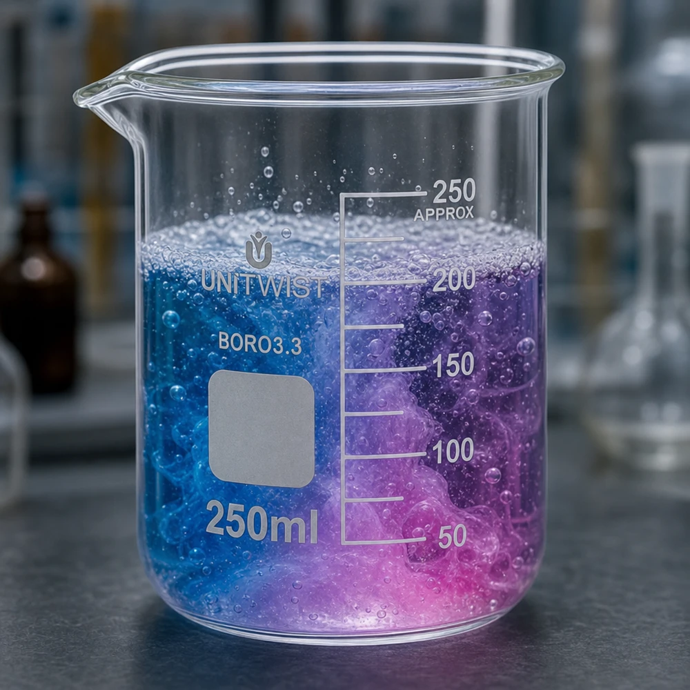 Bicchiere da laboratorio da 250 ml, forma bassa, con reazione blu-viola, in borosilicato 3.3 resistente al calore