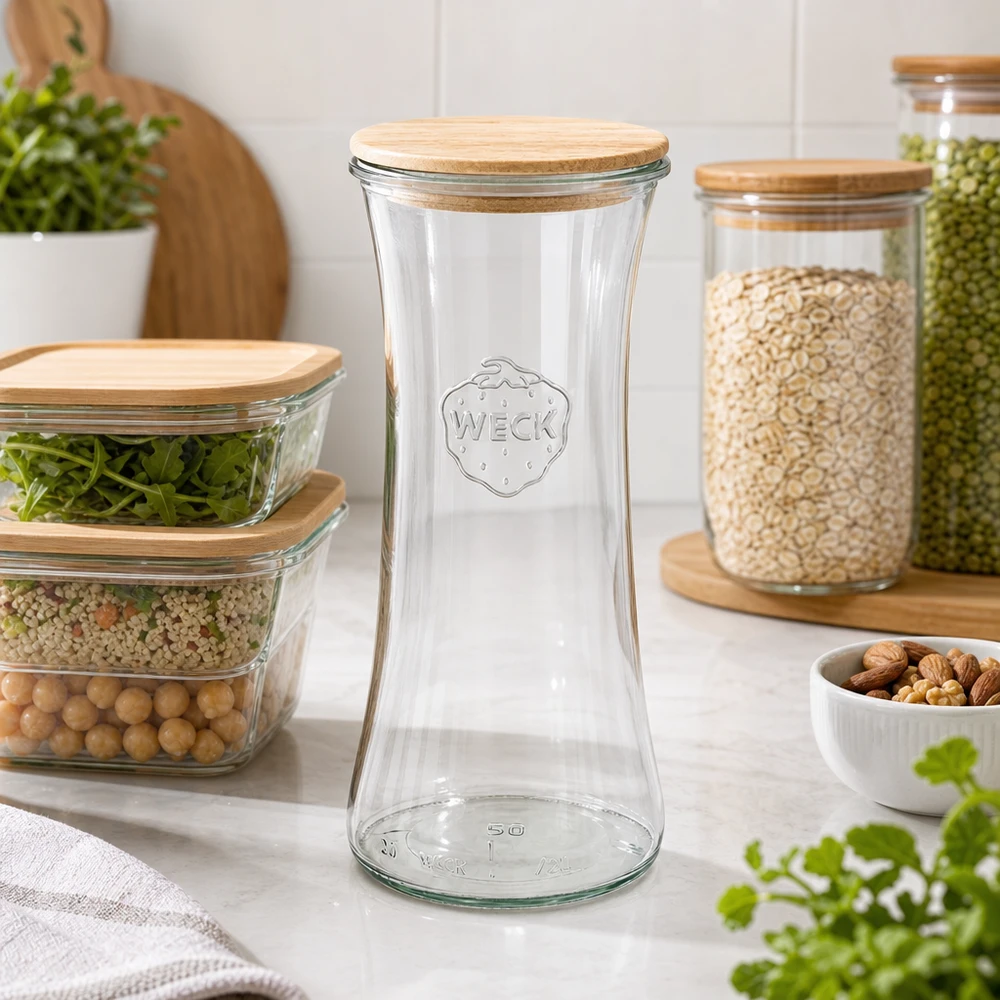 Barattolo da 700 ml WECK RR80 con coperchio di legno WECK barattolo da gastronomia 700ml vuoto in cucina moderna con barattoli di stoccaggio e conservazione organizzata degli alimenti