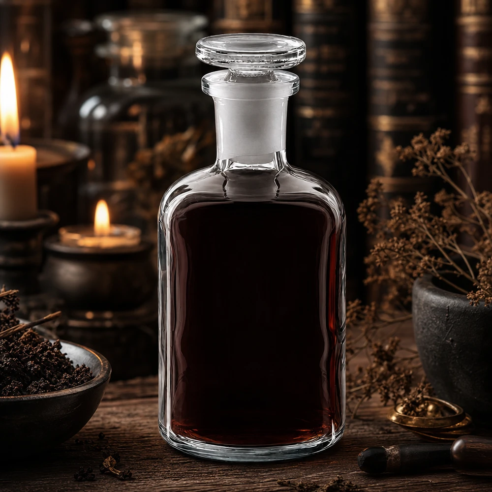 Tintura scura in flacone da 100 ml con spalle arrotondate, in vetro trasparente, collo stretto, tappo in vetro; atmosfera mistica
