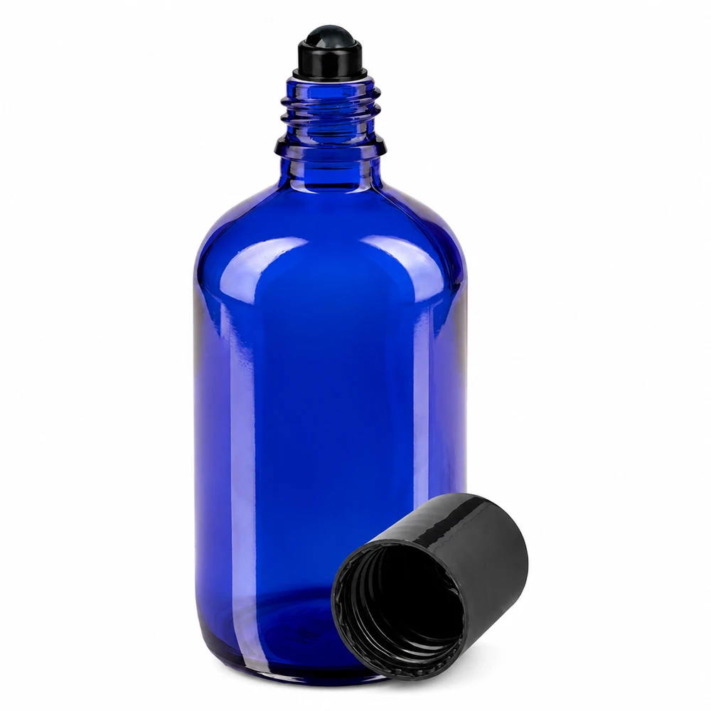 Flacone roll-on 100ml blu STD nero ApoGlas Flacone roll-on blu da 100 ml in vetro da farmacia con tappo a sfera nero