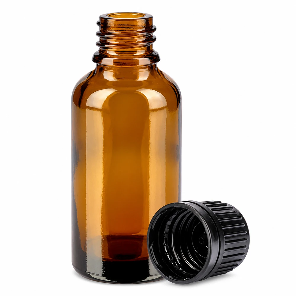 Bottiglia da 30ml 11mm SV nero OV BrownLine UT18/30 Flacone da 30 ml di colore ambrato con tappo a vite nero per applicazioni farmaceutiche
