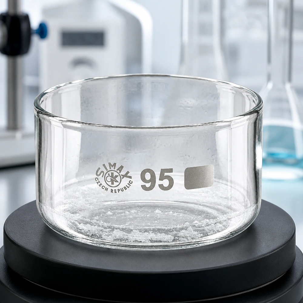 Piatto per cristallizzazione da 300ml senza beccuccio Bo. ø95mm Vaschetta di cristallizzazione vuota da 300 ml su bilancia da laboratorio nera, in vetro borosilicato Simax, diametro 95 mm