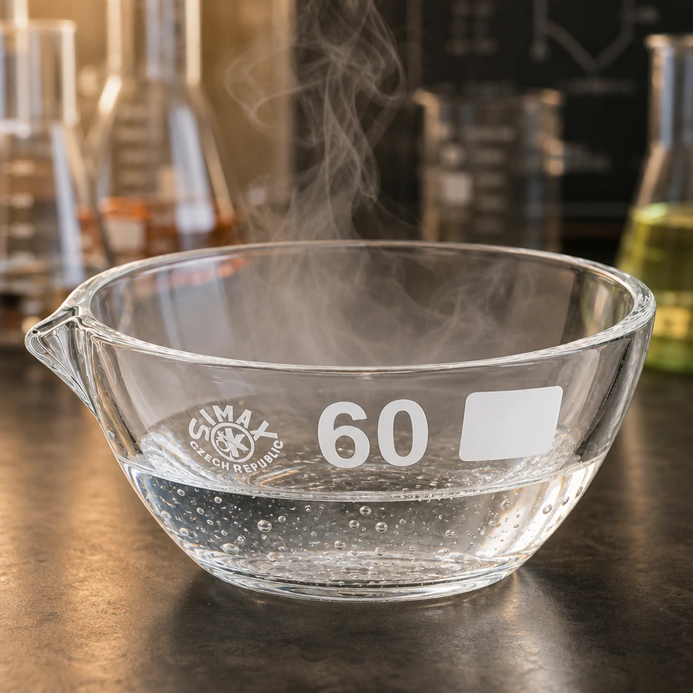 Piatto di evaporazione da 45ml con beccuccio in borosilicato ø60mm Vaschetta per vapori in borosilicato ø60mm con pratico beccuccio per il trasferimento sicuro dei liquidi
